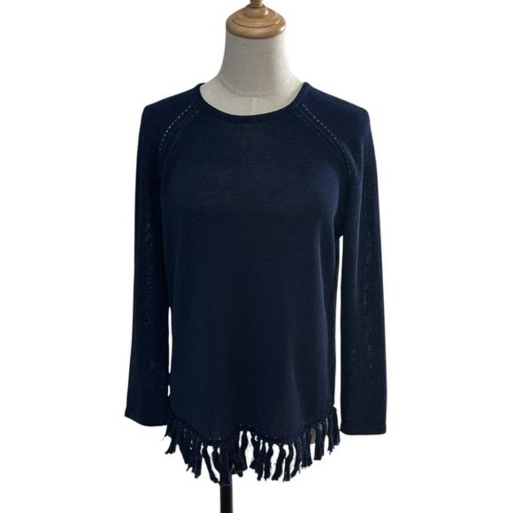J. McLaughlin Open Knit Tassel Trim Hem‎ Top Sz. M Beachy Boho Semi Sheer